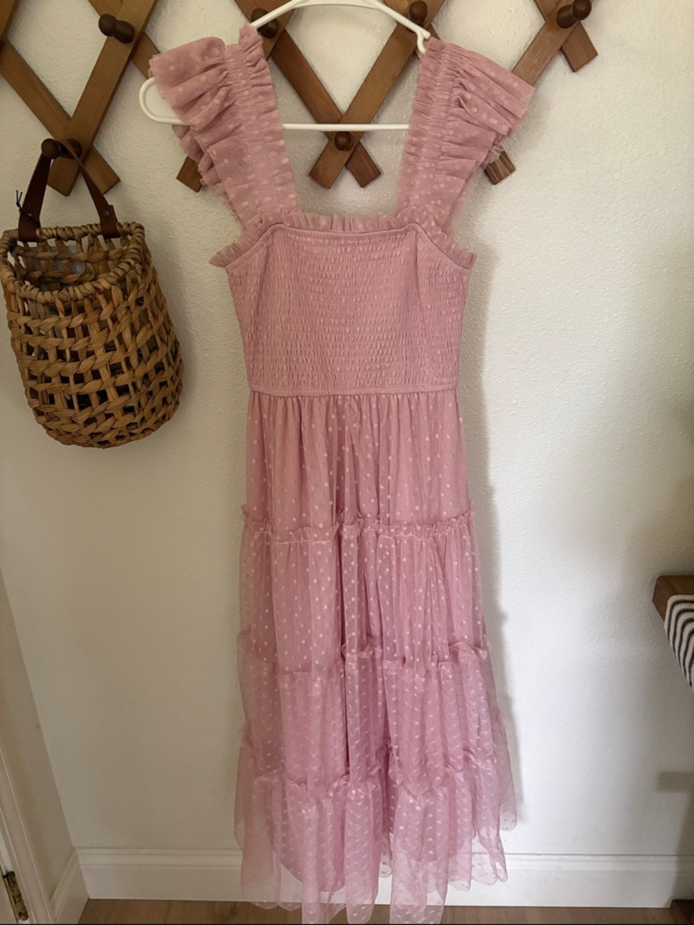 Pink Ruffle Strap Tiered Swiss Dot Midi Dress